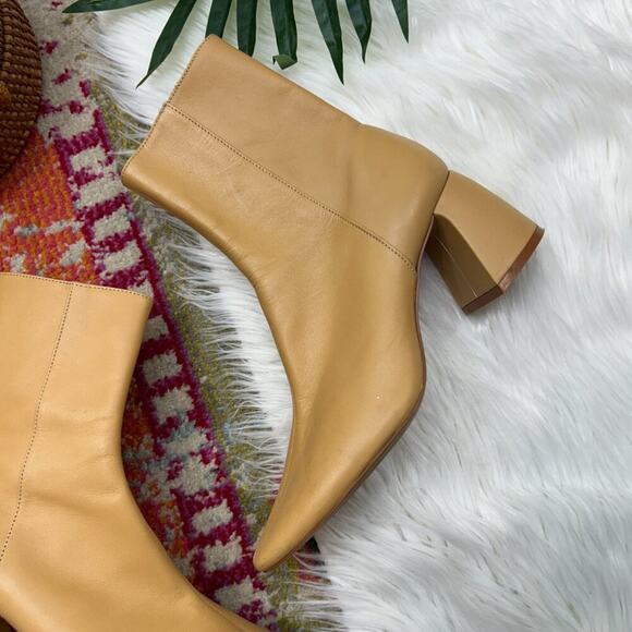 Zara Neutral Tan Square Toe Minimalist Block Heel Leather Ankle Boot 38/8 - Picture 3 of 10